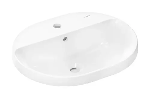 Weißer Einbauwaschtisch von Hansgrohe mit zentralem Hahnloch und Überlauf, ovaler Form und glatter Oberfläche, geeignet für Badezimmeranwendungen.
